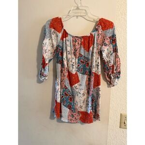 BIBi  Off Shoulder Patchwork Print Boho Blouse Top Women's Size S Country Retro